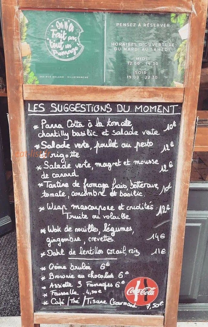 Carte et menu de On N'en Fait Pas Tout Un Fromage à Villefranche sur Saone — L'ardoise
