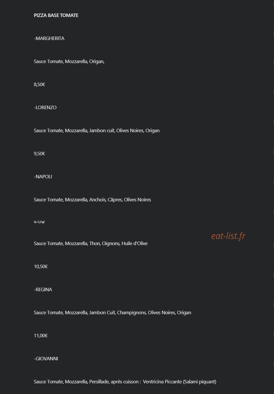 Carte et menu de Pizzeria giovanni à Villefranche sur Saone — Les pizzas base tomate