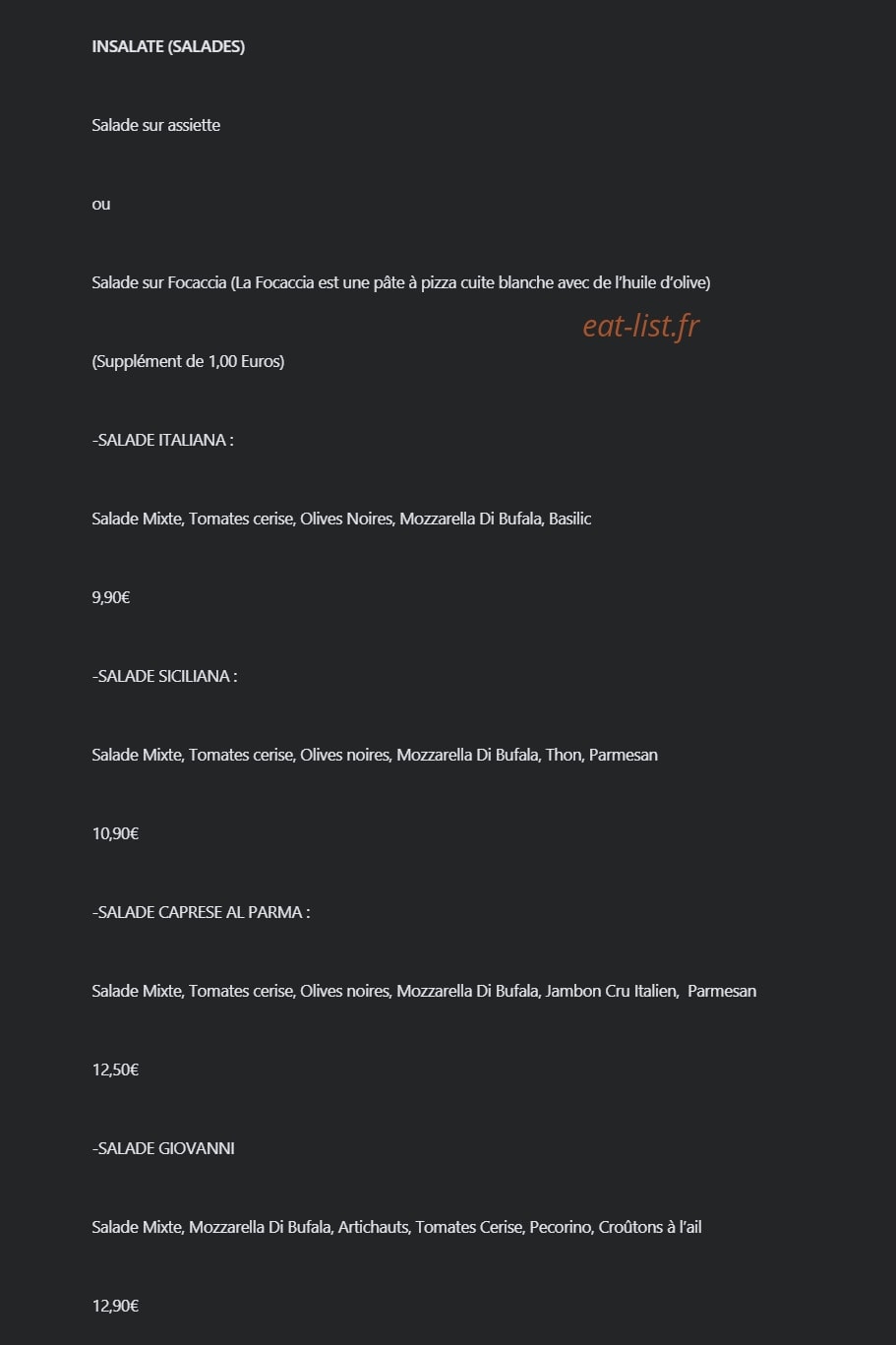 Carte et menu de Pizzeria giovanni à Villefranche sur Saone — Lees salades
