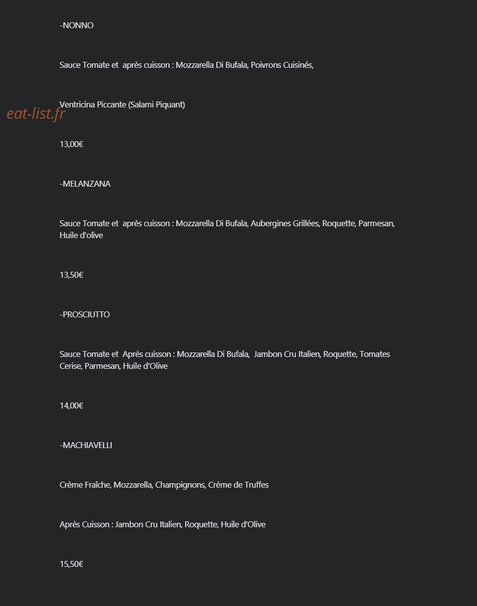 Carte et menu de Pizzeria giovanni à Villefranche sur Saone — Les pizzas nonnos , melanzannas..........