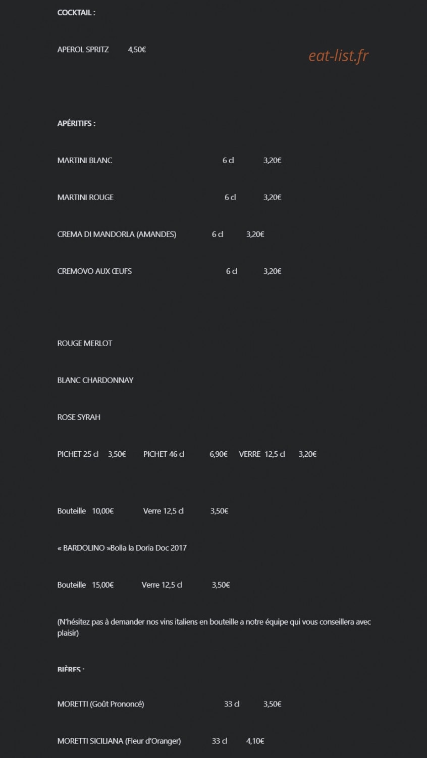 Carte et menu de Pizzeria giovanni à Villefranche sur Saone — Les cocktails, apérifs....