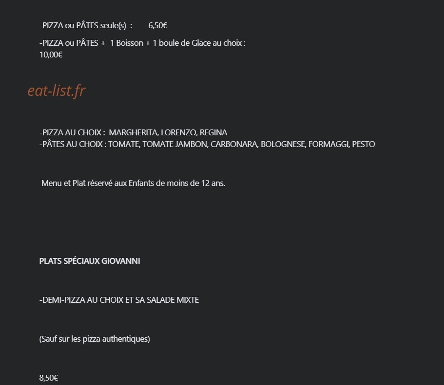Carte et menu de Pizzeria giovanni à Villefranche sur Saone — Les menus, pizzas spéciaux