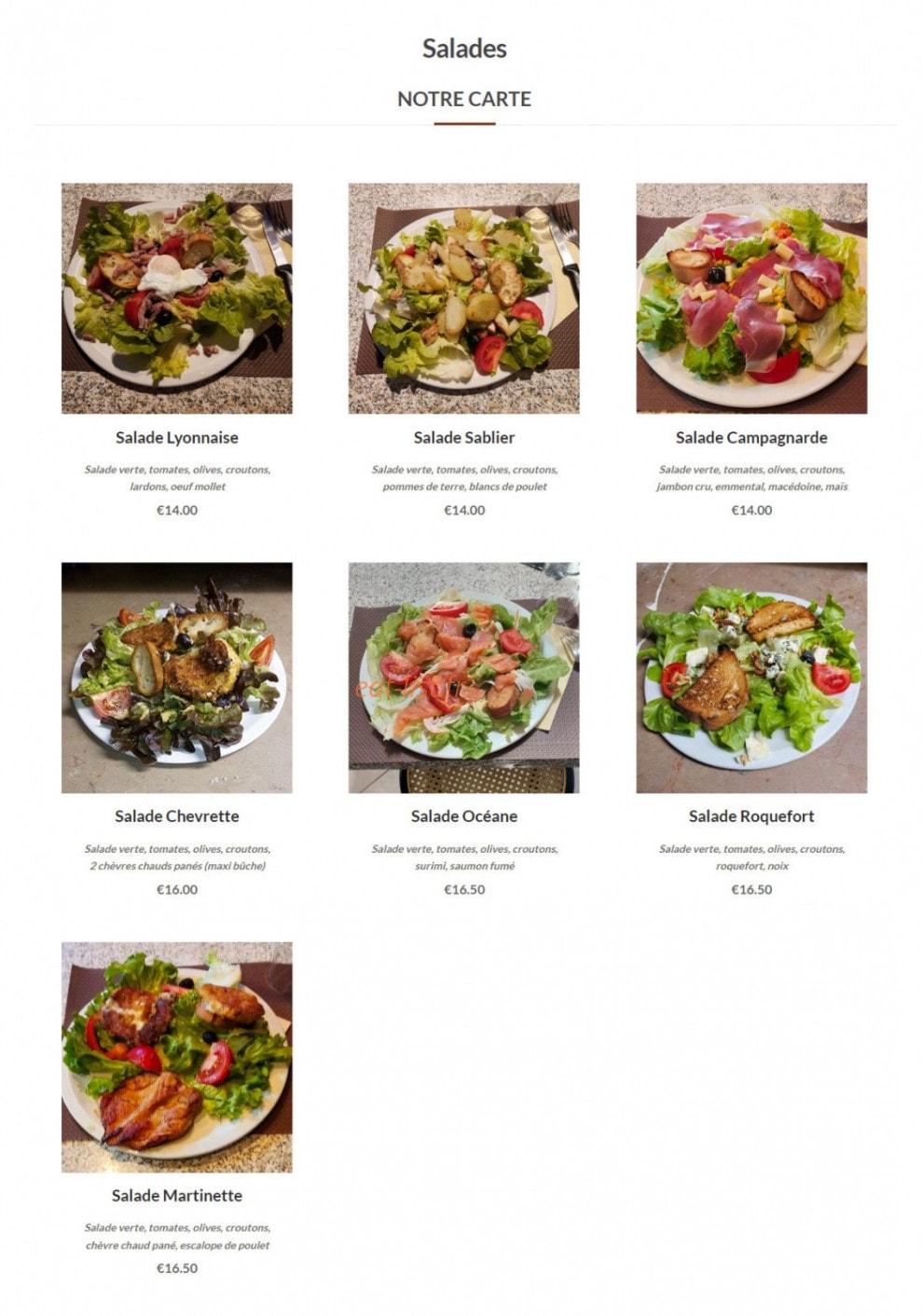 Carte et menu de Pizzeria le Sablier à Villefranche sur Saone — Les salades