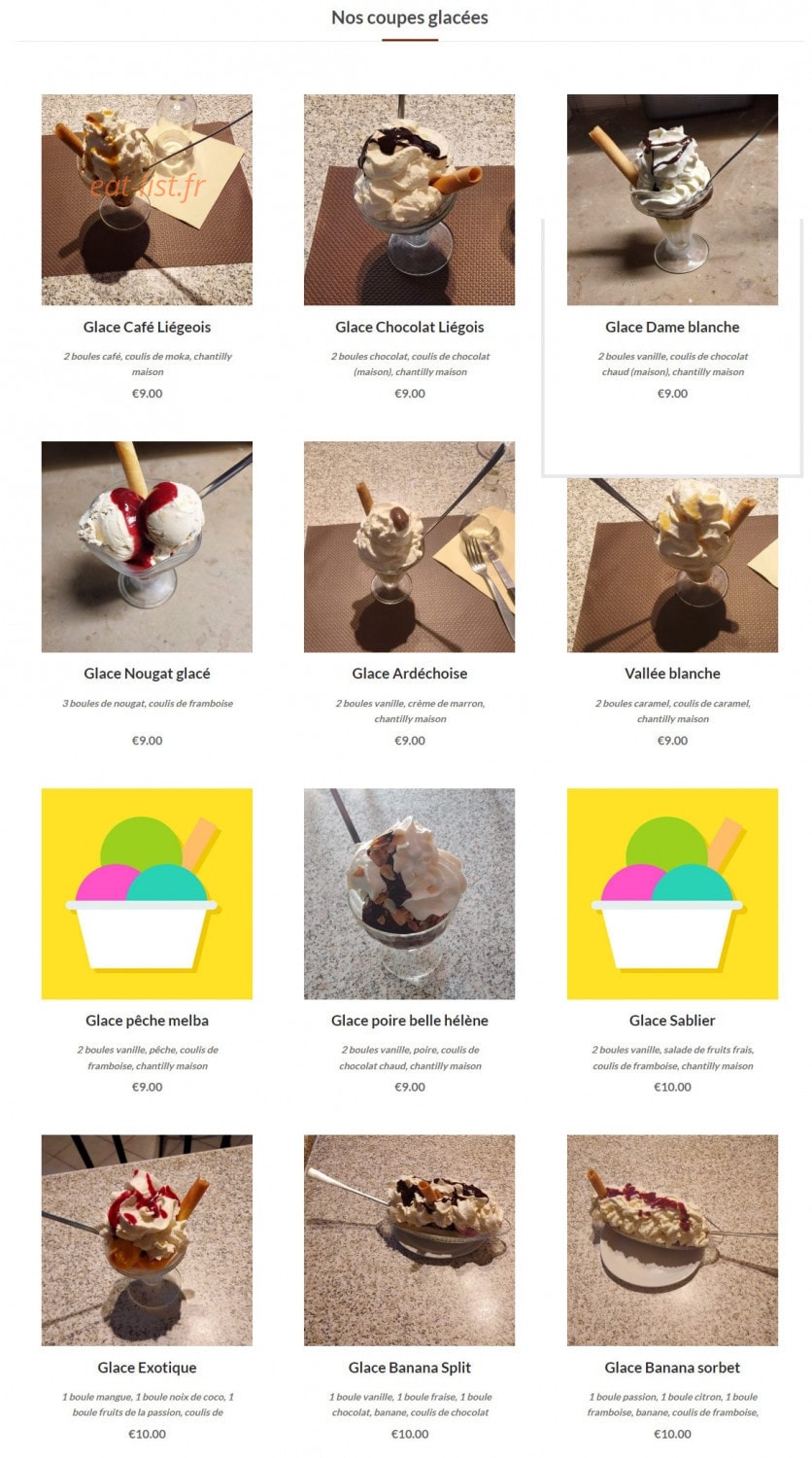 Carte et menu de Pizzeria le Sablier à Villefranche sur Saone — Les coupes glacées