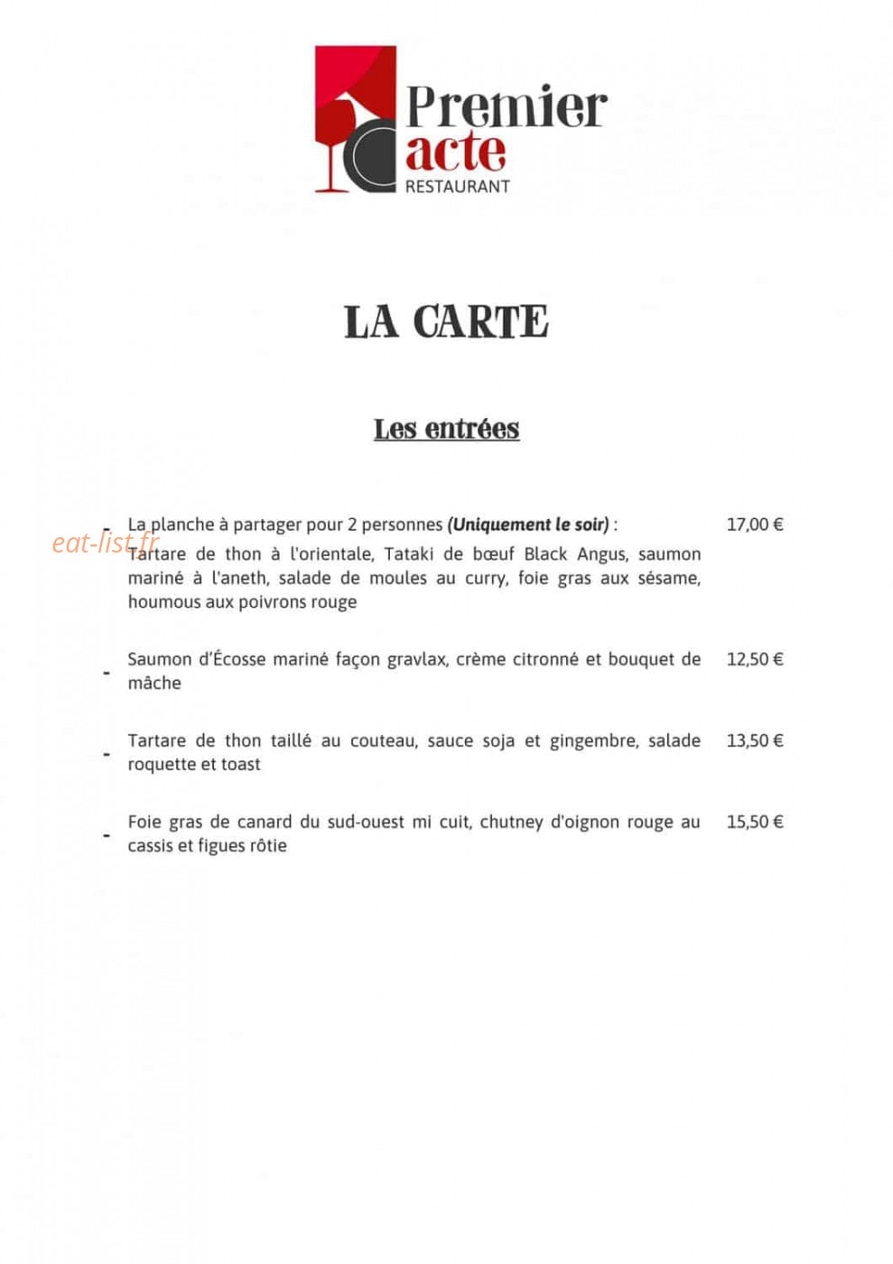 Premier Acte Restaurant — carte page 1