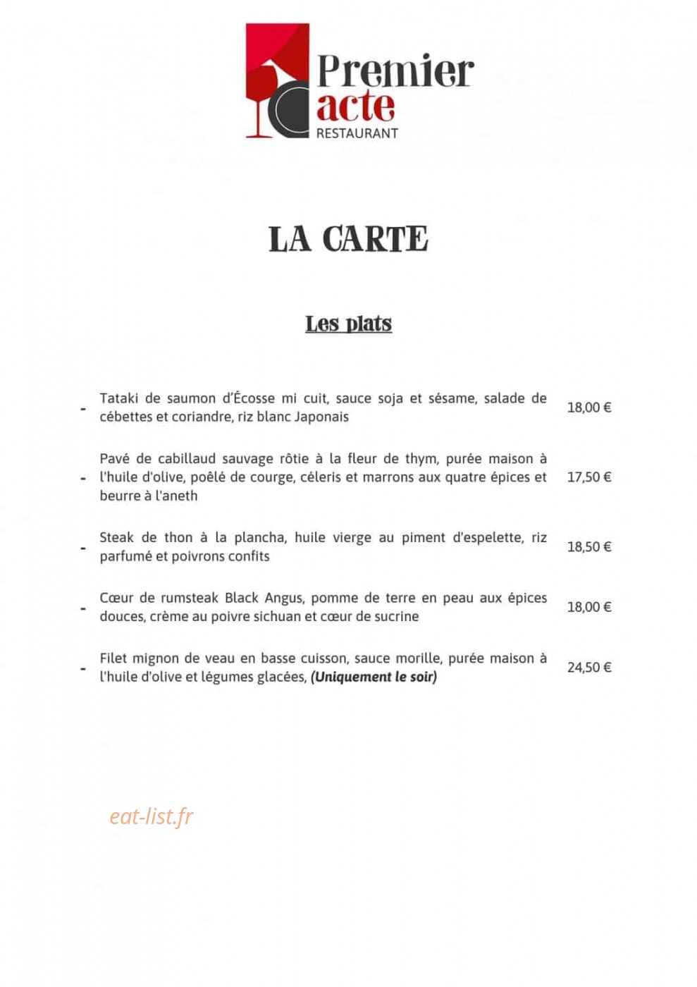 Premier Acte Restaurant — carte page 2