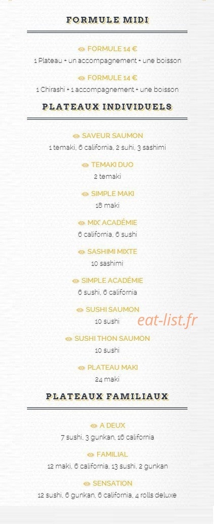 Carte et menu de Sushi Academie à Villefranche sur Saone — Formules et plateaux