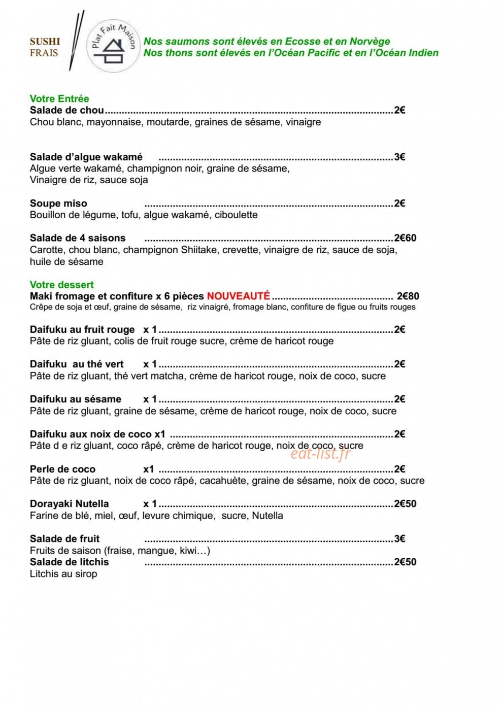 Carte et menu de Sushi Frais à Villefranche sur Saone — Entrées et desserts