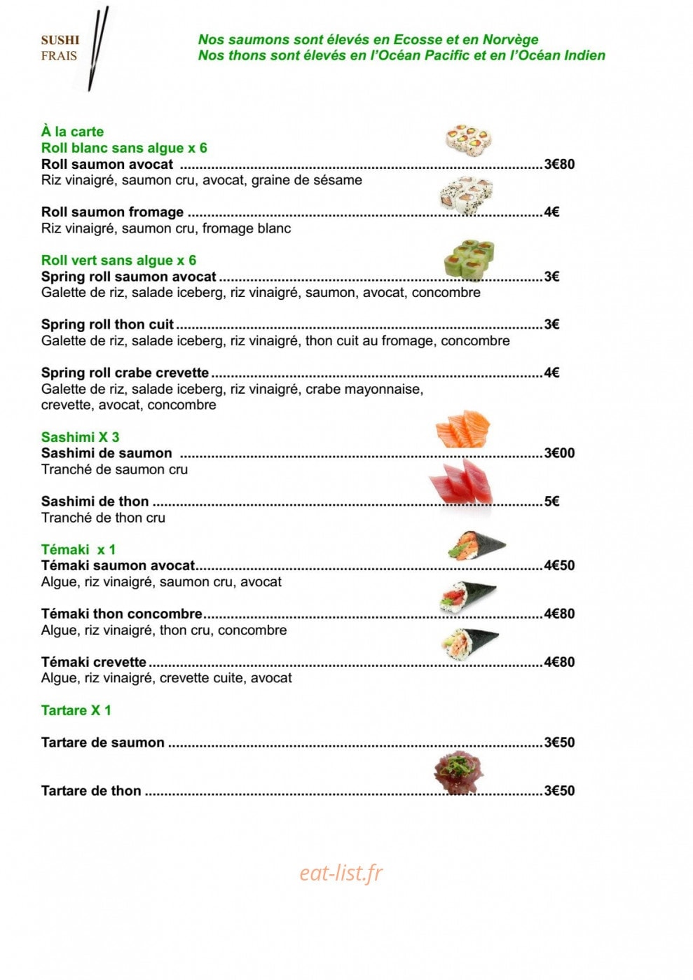 Carte et menu de Sushi Frais à Villefranche sur Saone — Menu à la carte