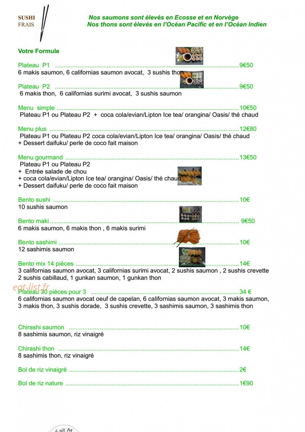 Carte et menu de Sushi Frais à Villefranche sur Saone — Formules