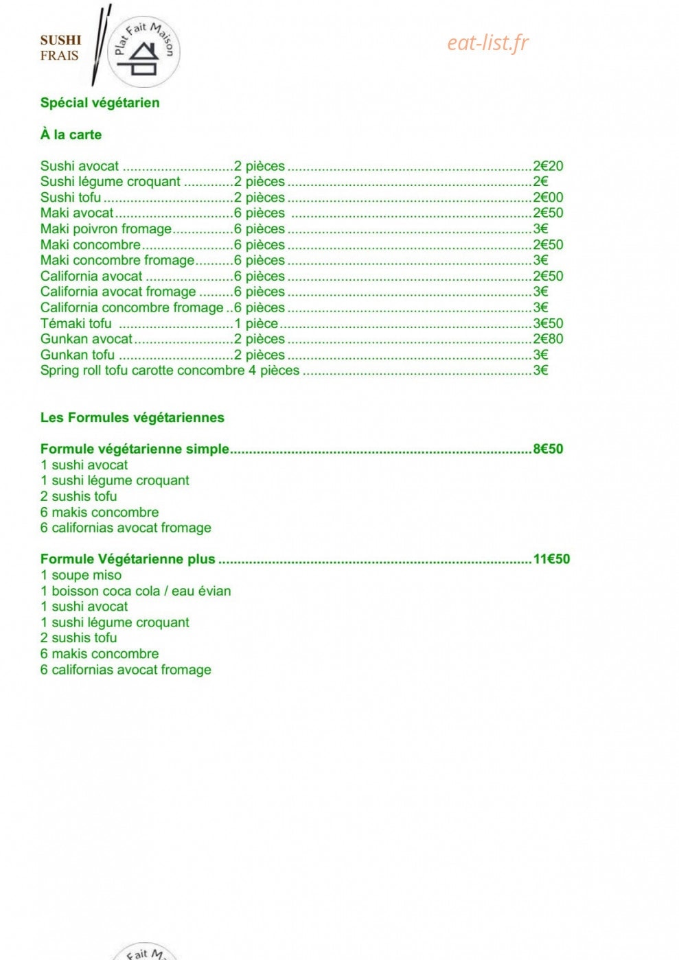 Carte et menu de Sushi Frais à Villefranche sur Saone — Spécial végétarien