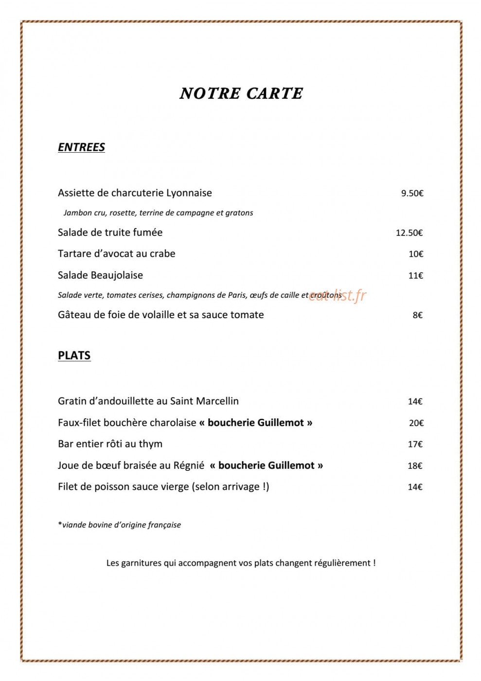 Auberge La Vigneronne — carte page 1