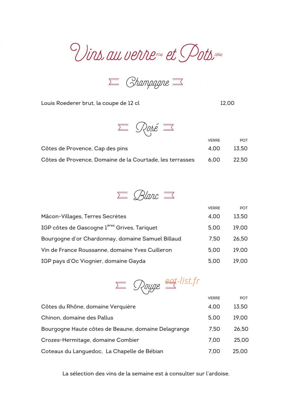 Carte et menu de Brasserie des Monts d'Or à Saint Cyr Au Mont d'Or — Extrait de vins