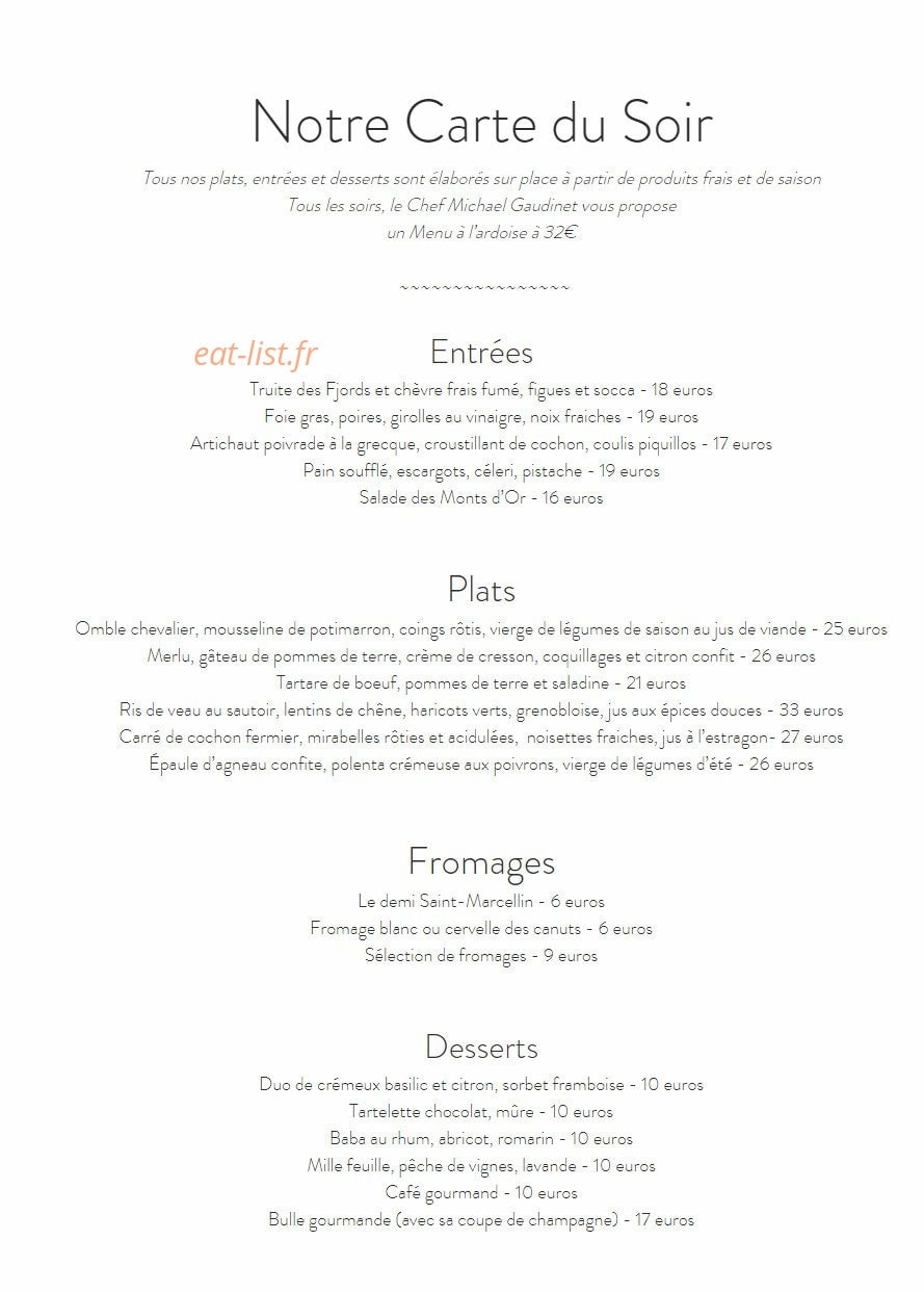 Carte et menu de Brasserie des Monts d'Or à Saint Cyr Au Mont d'Or — Entrées, plats, desserts,....
