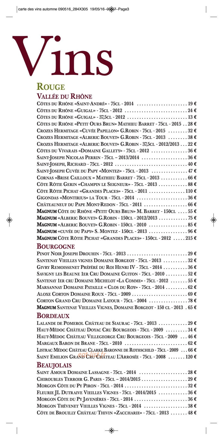Carte et menu de Le comptoir de saint-cyr à Saint Cyr Au Mont d'Or — Les vins