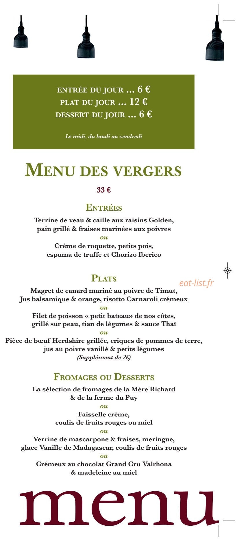 Carte et menu de Le comptoir de saint-cyr à Saint Cyr Au Mont d'Or — Le menu des vergers