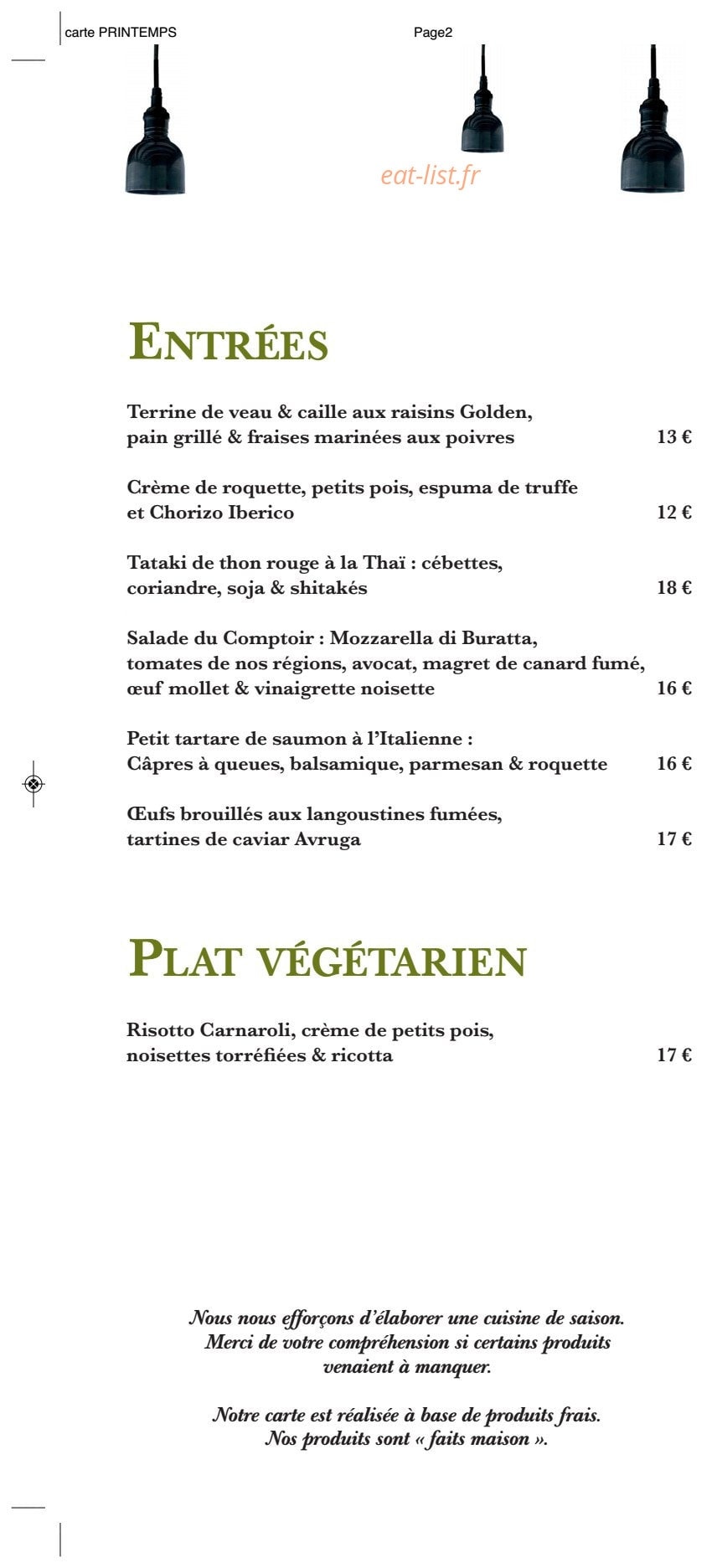 Carte et menu de Le comptoir de saint-cyr à Saint Cyr Au Mont d'Or — Les entrées et plats végétariens