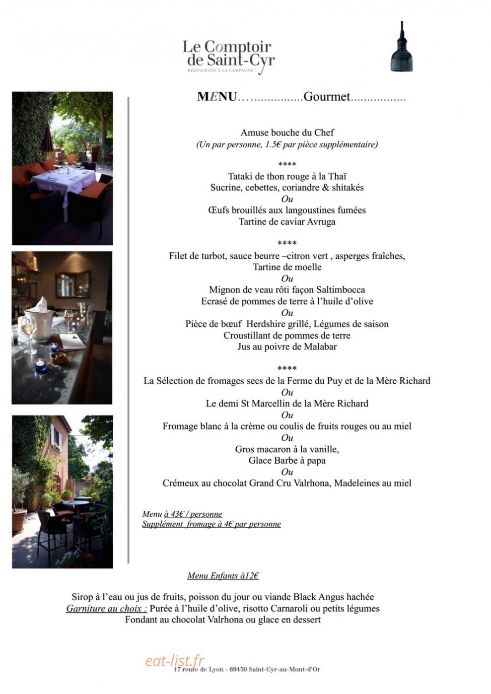 Carte et menu de Le comptoir de saint-cyr à Saint Cyr Au Mont d'Or — Le menu gourmet