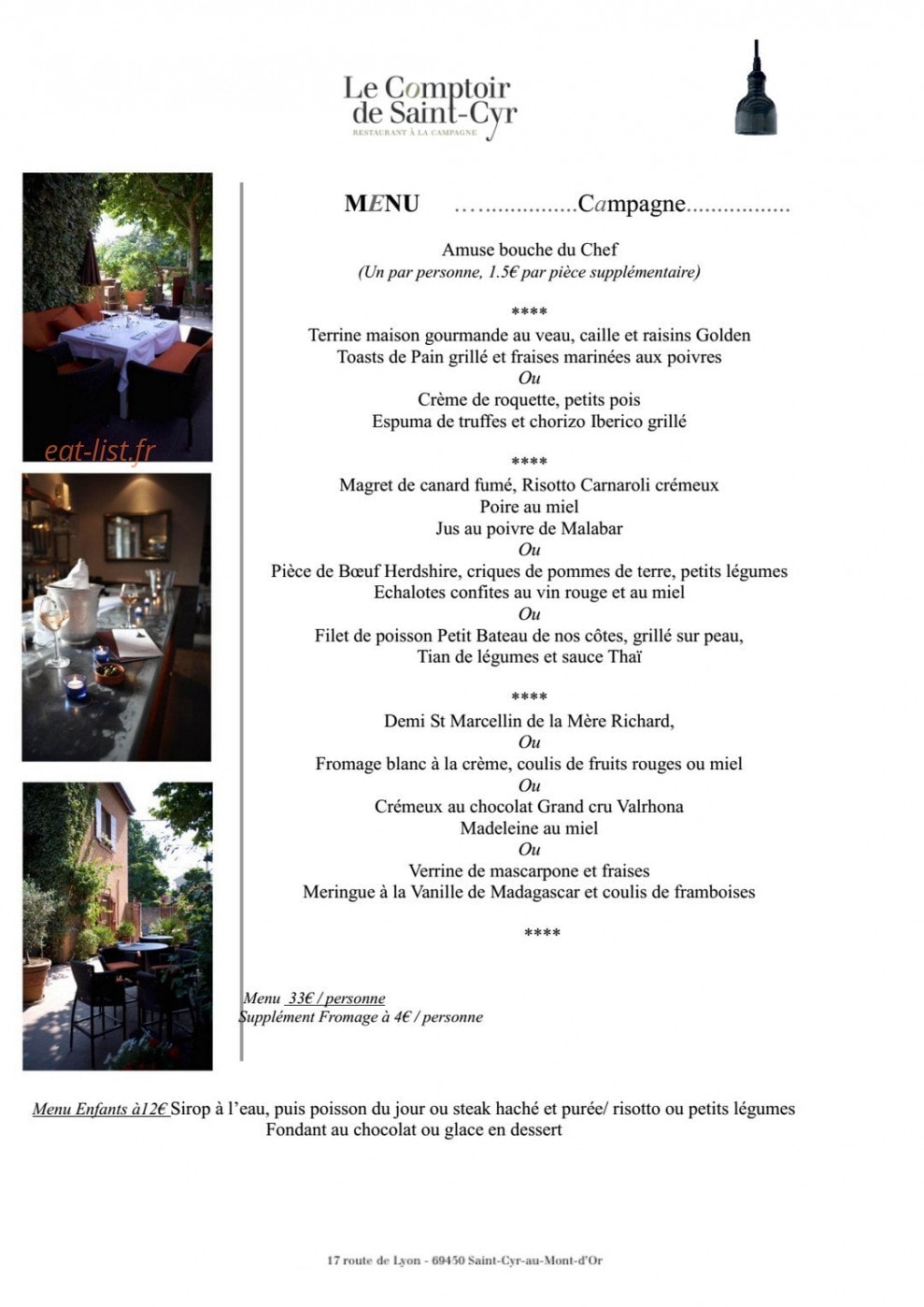 Carte et menu de Le comptoir de saint-cyr à Saint Cyr Au Mont d'Or — Le menu campagne