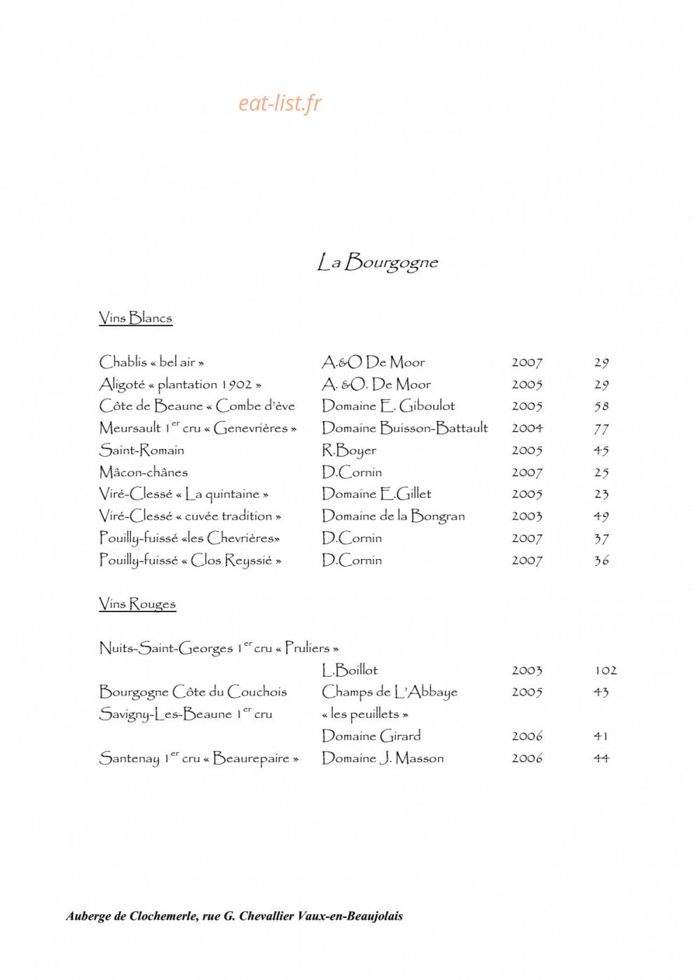 Carte et menu de Auberge de clochemerle à Vaux en Beaujolais — La bourgogne