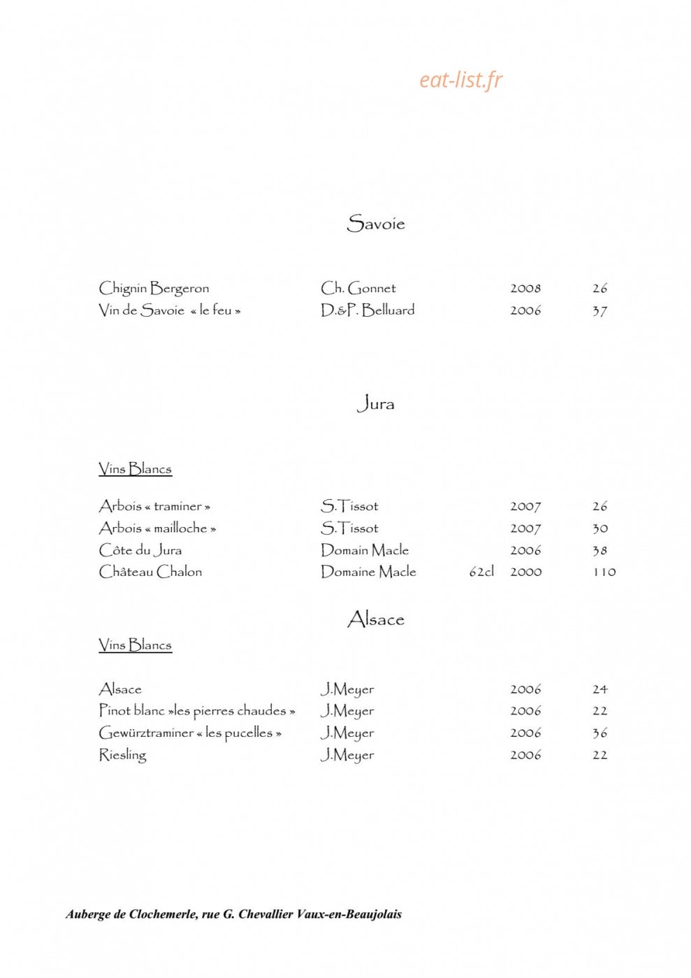 Carte et menu de Auberge de clochemerle à Vaux en Beaujolais — Savoie, jura et alsace