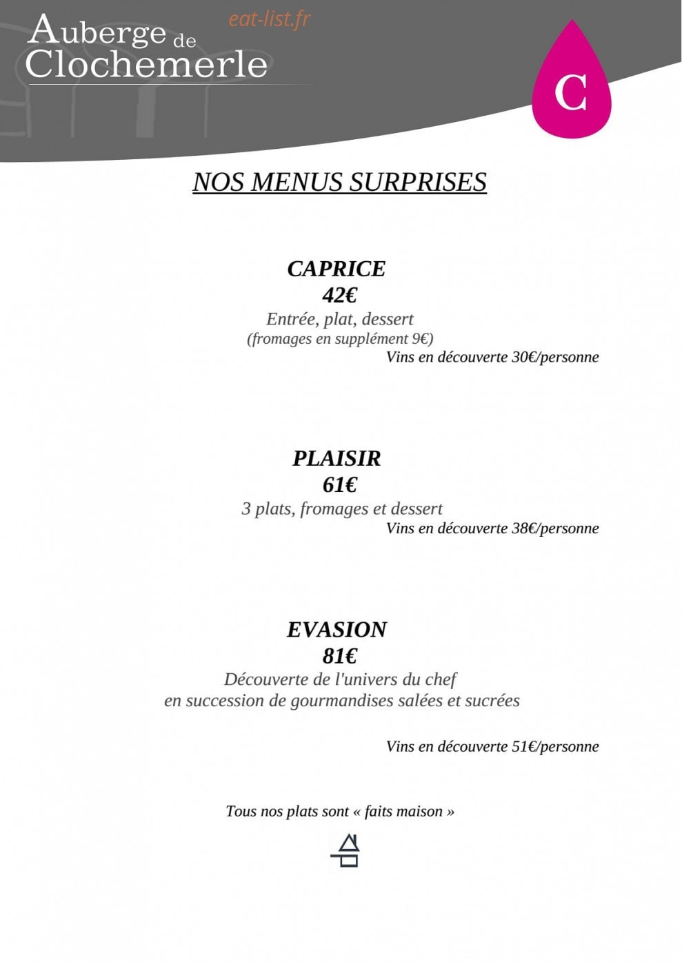 Carte et menu de Auberge de clochemerle à Vaux en Beaujolais — Menus surprises suite