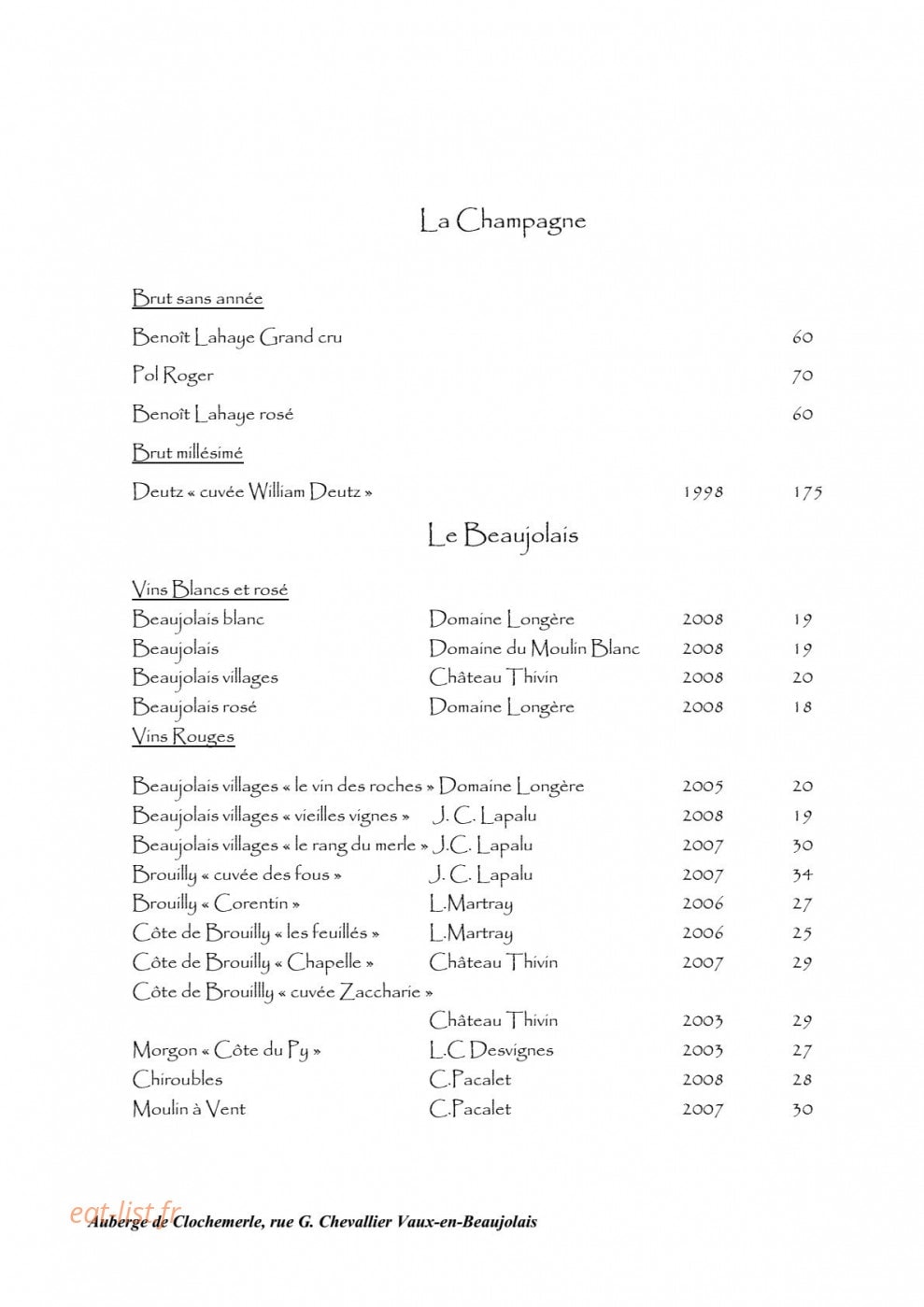 Carte et menu de Auberge de clochemerle à Vaux en Beaujolais — La champagne et beaujolais