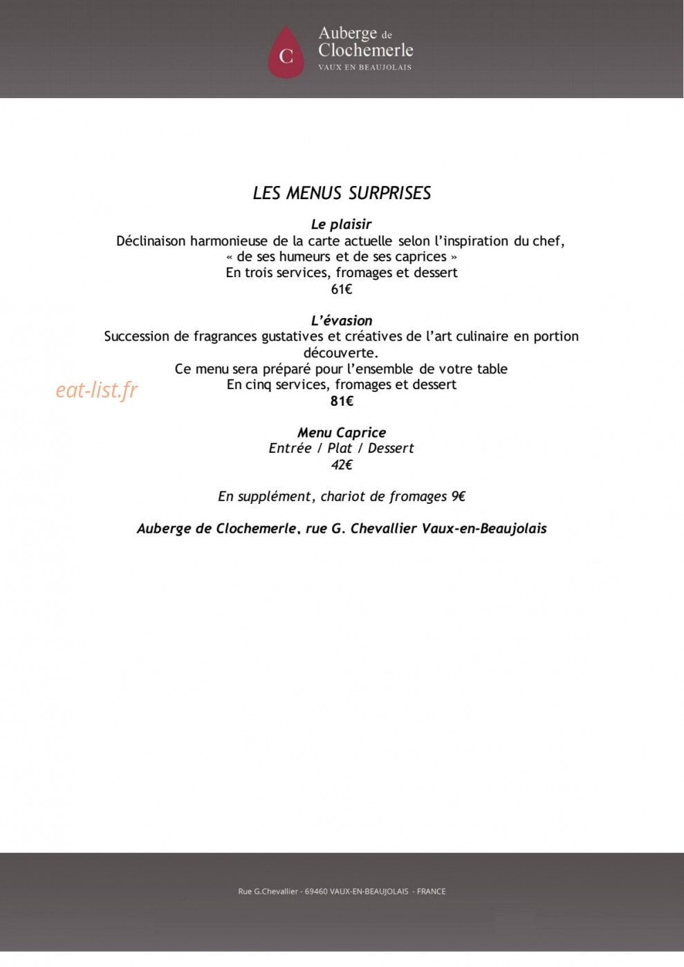 Carte et menu de Auberge de clochemerle à Vaux en Beaujolais — Menus surprises