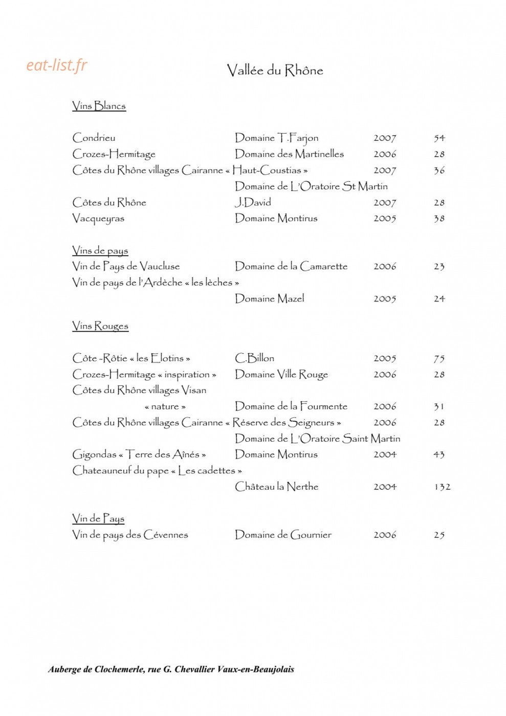 Carte et menu de Auberge de clochemerle à Vaux en Beaujolais — Vallée du rhône