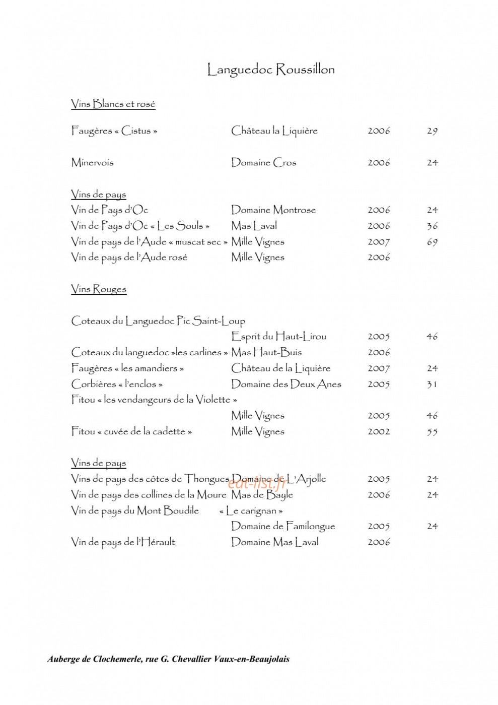 Carte et menu de Auberge de clochemerle à Vaux en Beaujolais — Languedoc roussillon