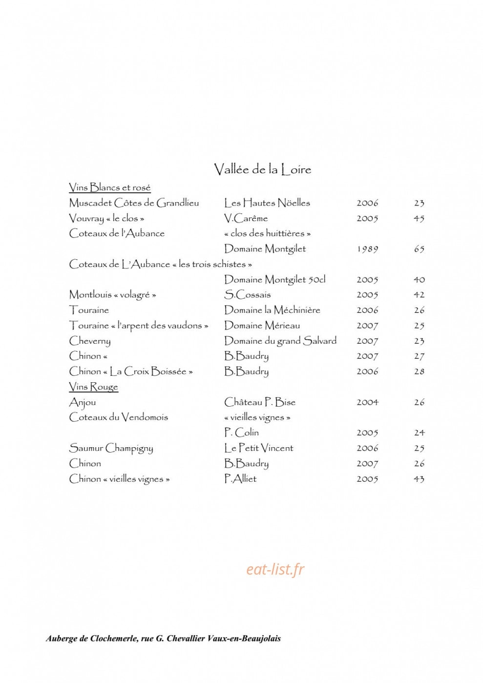 Carte et menu de Auberge de clochemerle à Vaux en Beaujolais — Vallée de la loire