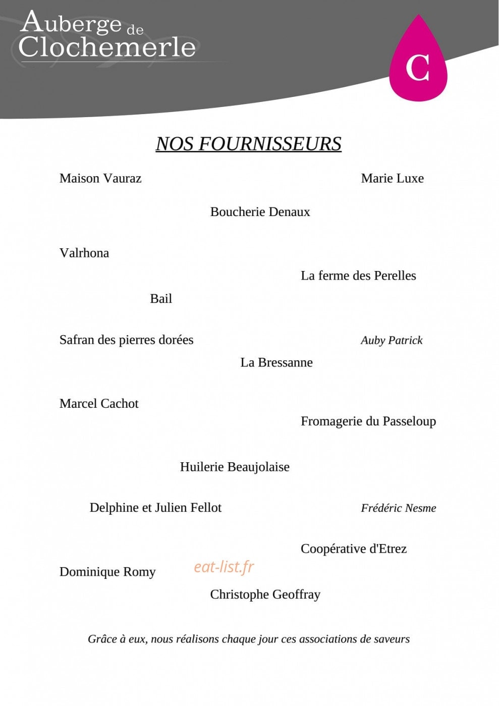 Carte et menu de Auberge de clochemerle à Vaux en Beaujolais — Fournisseurs
