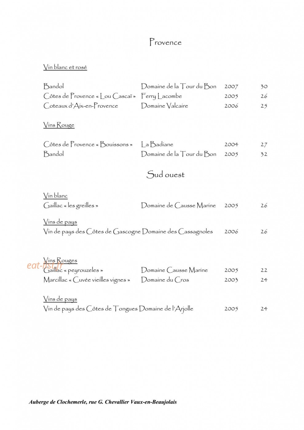 Carte et menu de Auberge de clochemerle à Vaux en Beaujolais — Provence