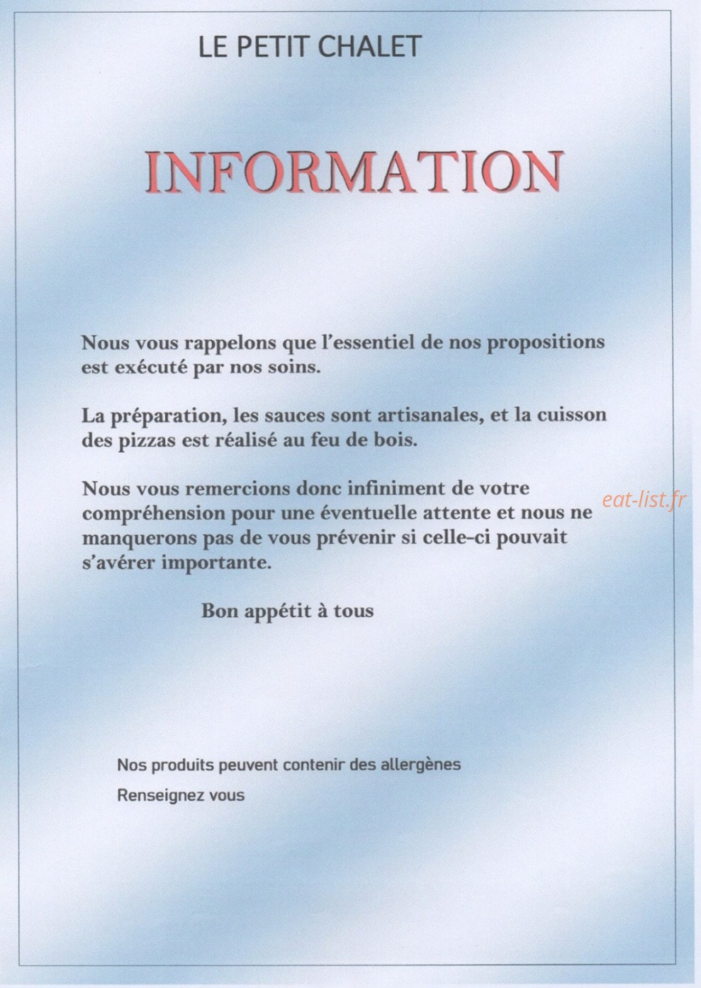 Le Petit Chalet — carte page 18