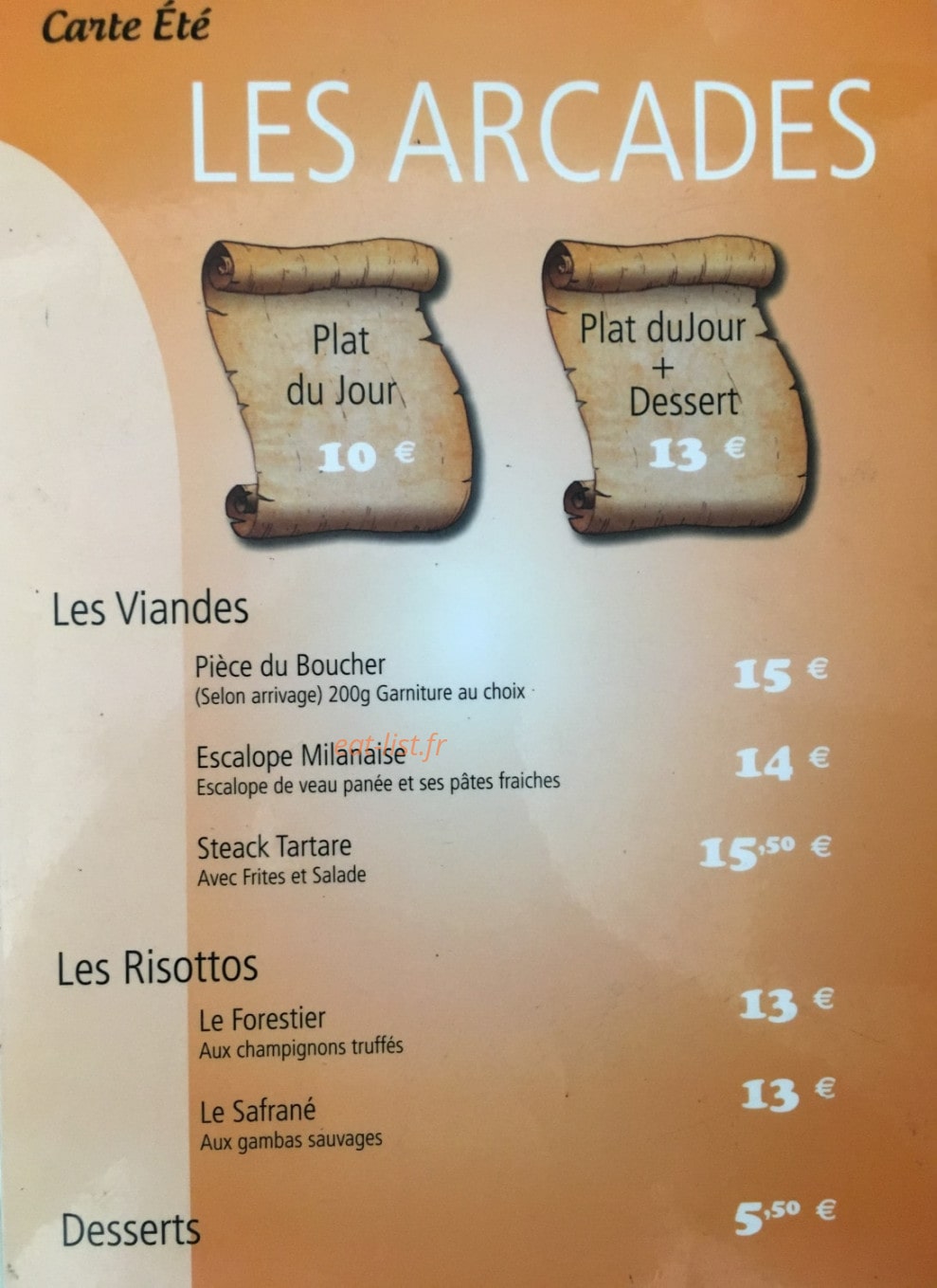 Brasserie Des Arcades — carte page 1