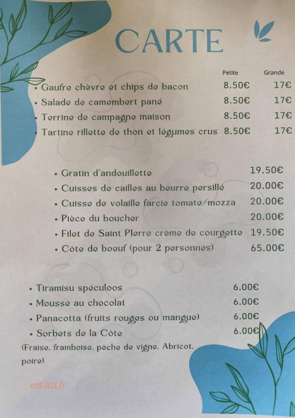 Auberge de la Cote — carte page 1