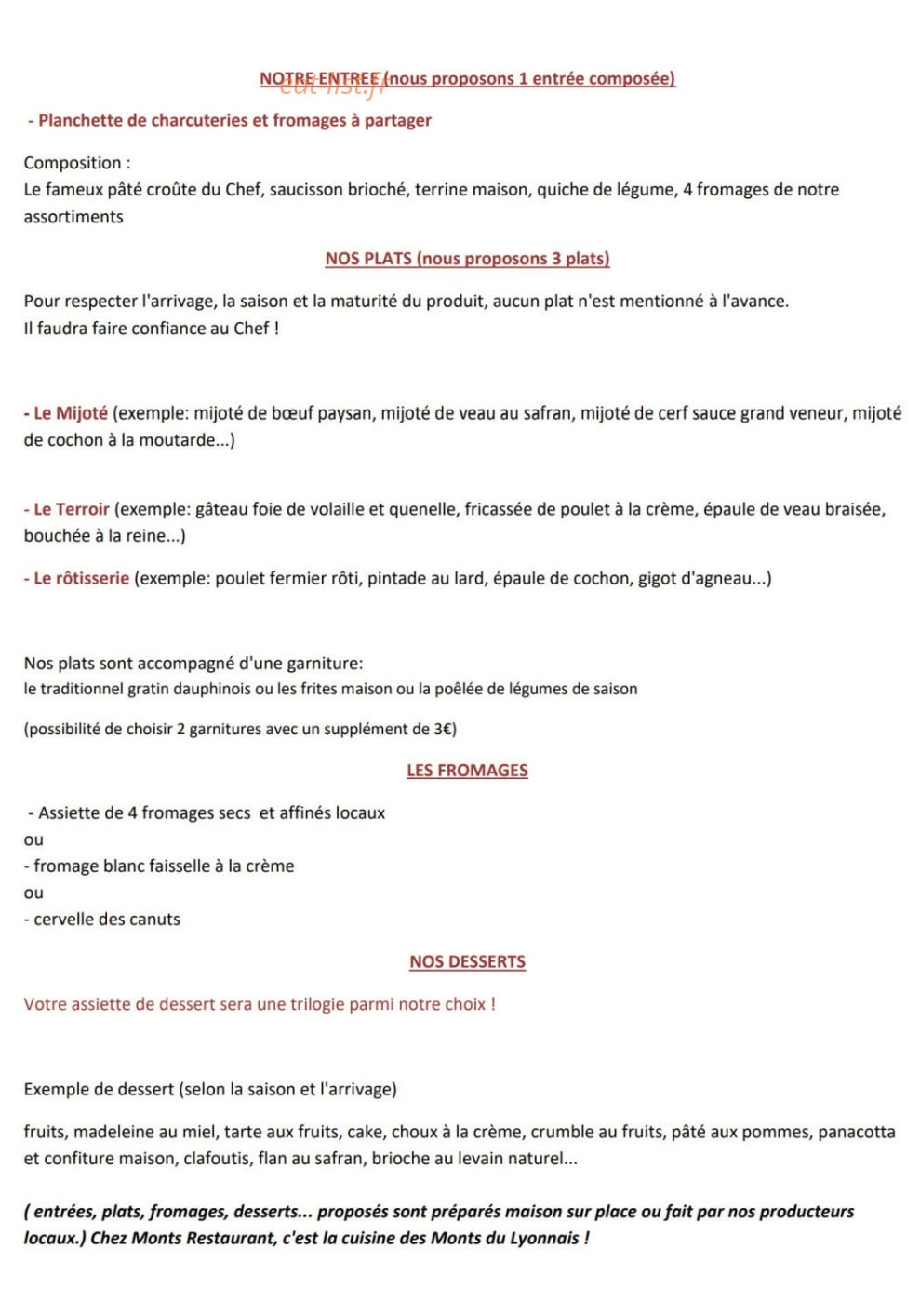 Monts Restaurant — carte page 1