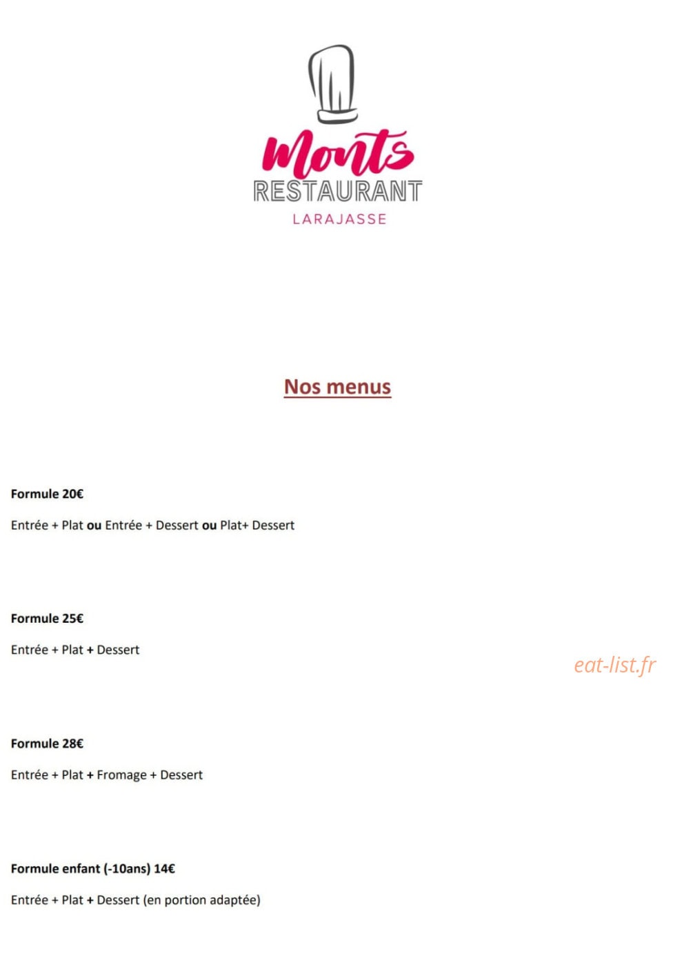 Monts Restaurant — carte page 2