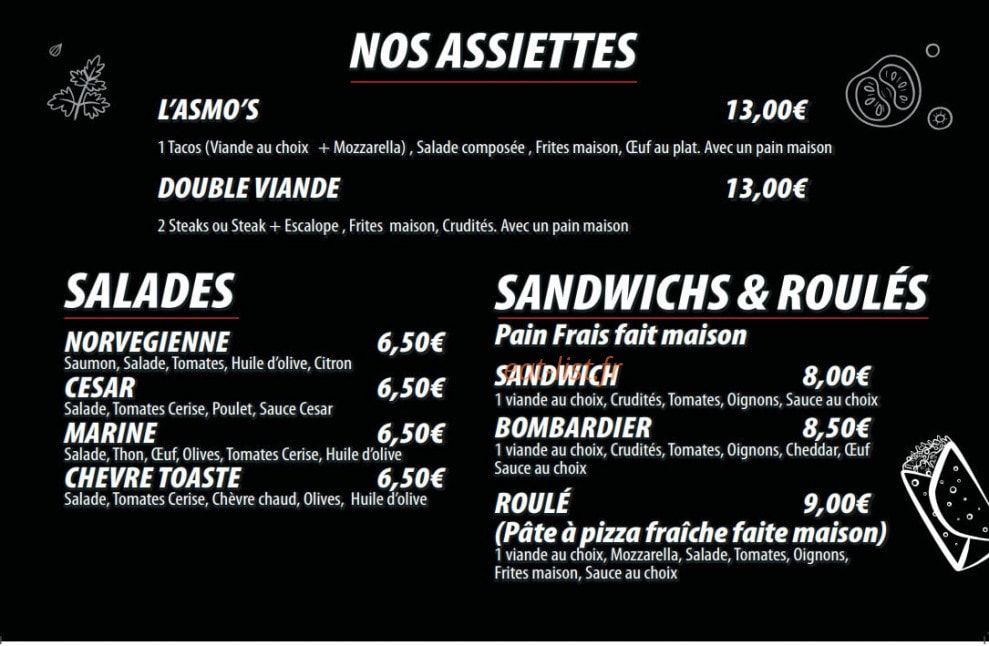 Asmos pizza — carte page 1