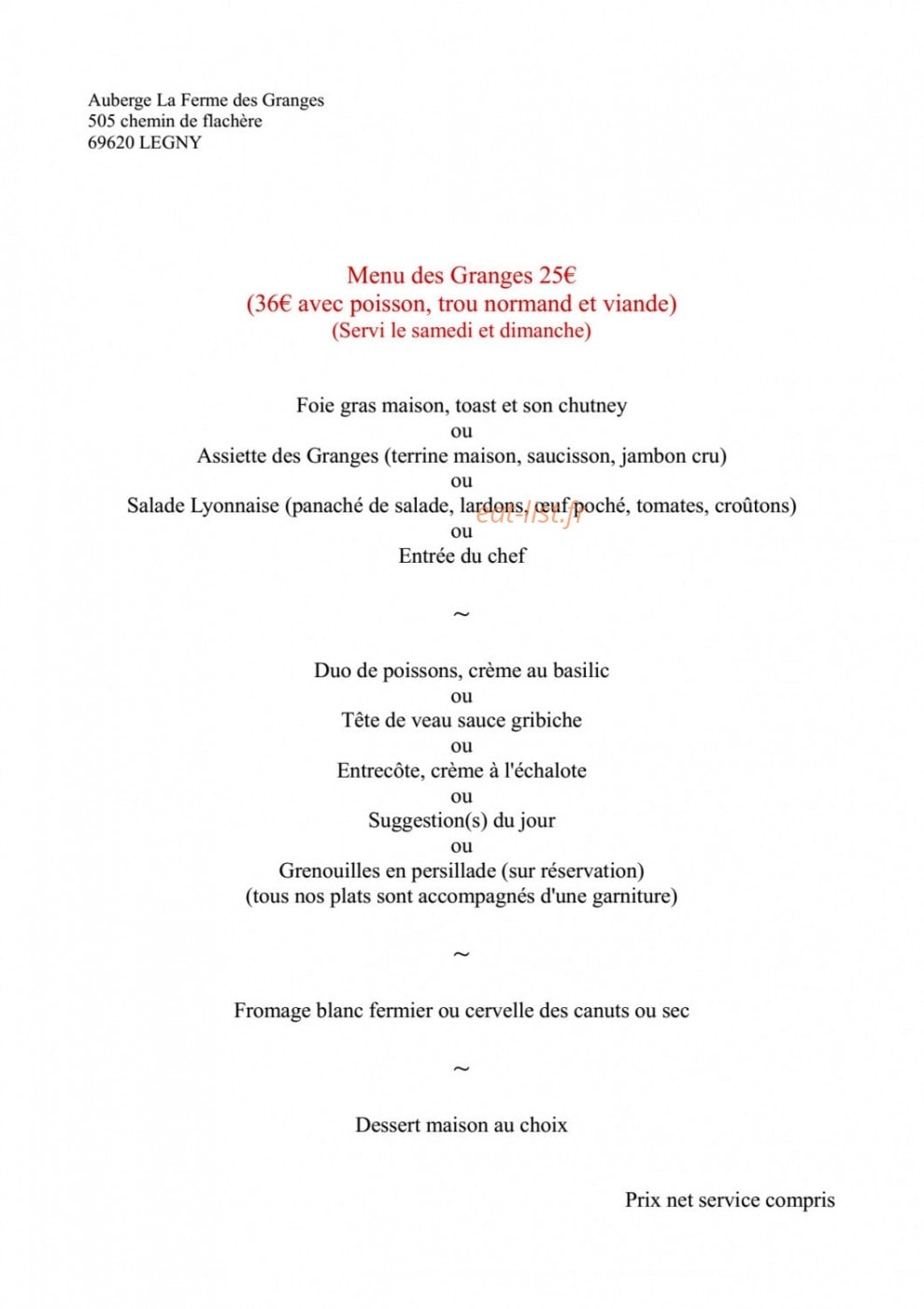 Auberge la ferme des granges — carte page 1