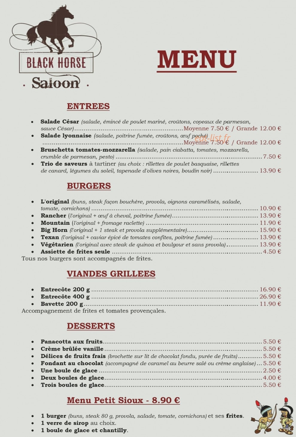 Black Horse Saloon — carte page 1