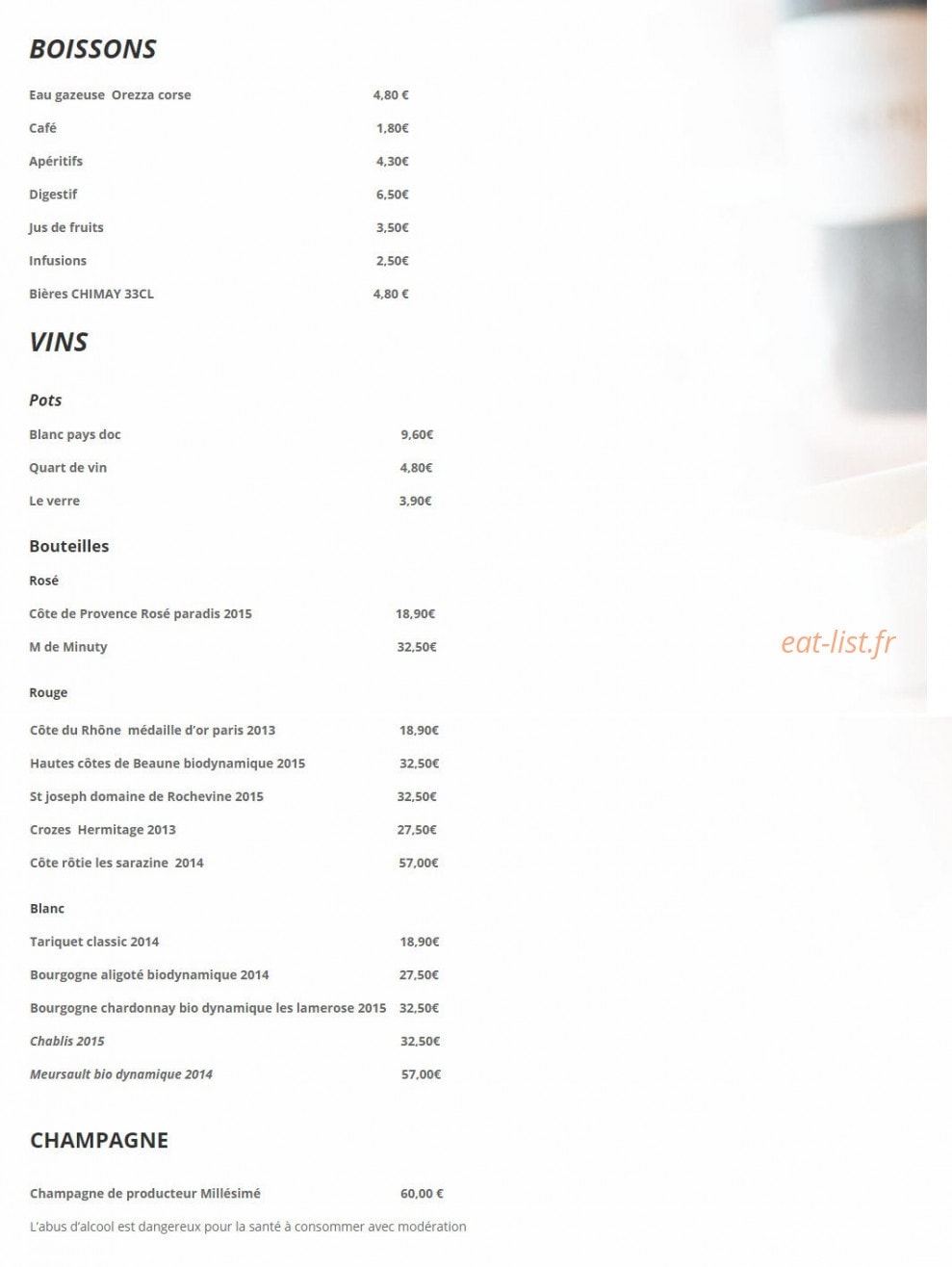 Carte et menu de Chaponost sur Mer à Chaponost — Boissons, vins et champagnes
