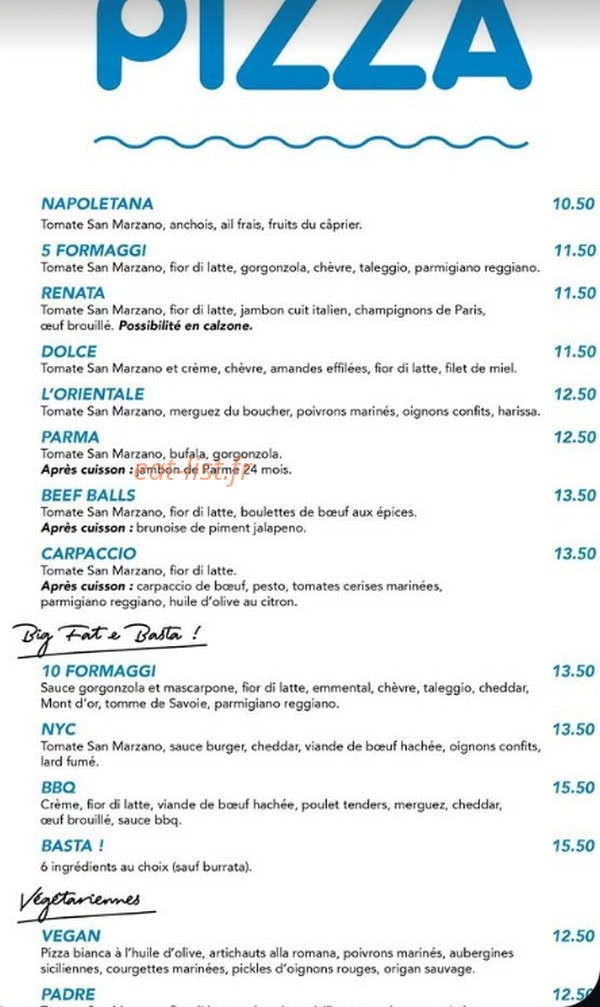 Carte et menu de Giorgio e Basta à Saint Bonnet de Mure — Pizzas