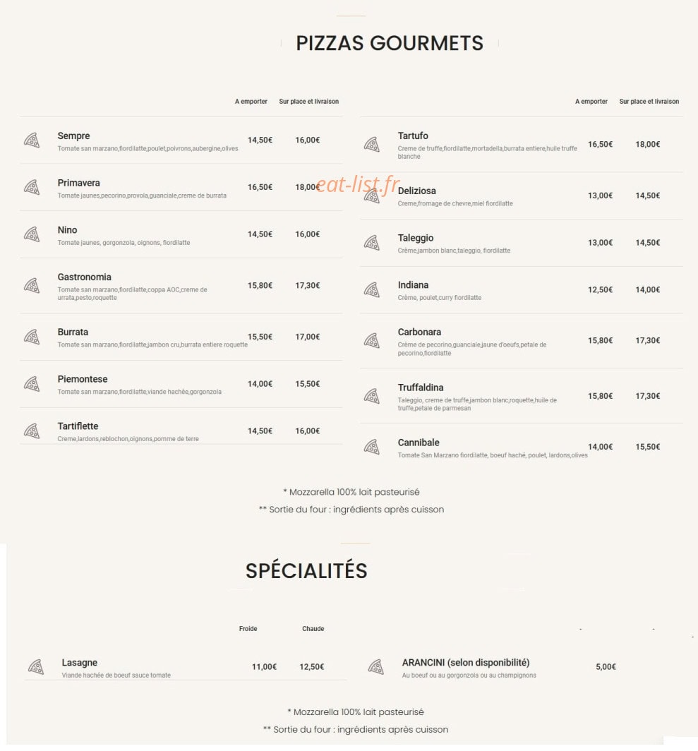 Sempre Pizza — carte page 2