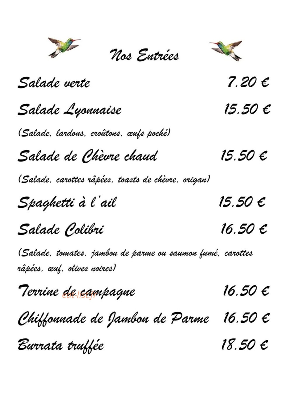 Le Petit Colibri — carte page 1