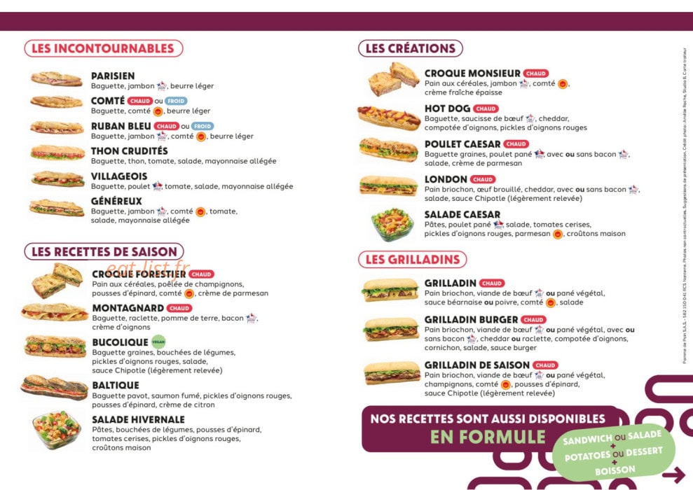 Carte et menu de Pomme de Pain à Saint Priest — Les incontournables, créations...