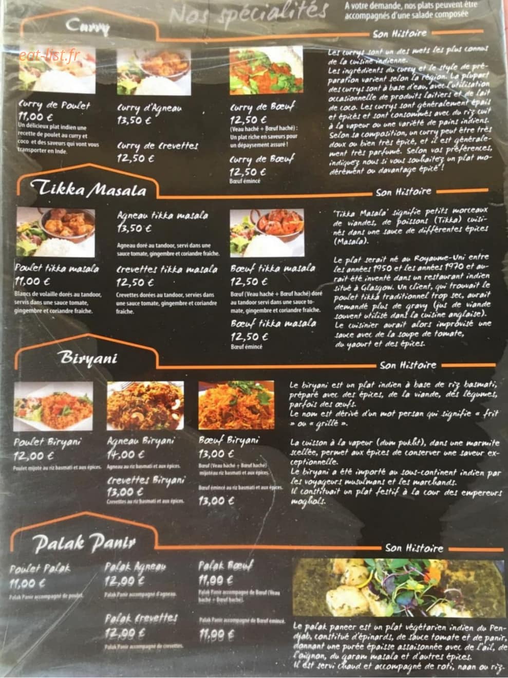 Carte et menu de Tandoori Indian Food Tandoor à Saint Priest — Les curry, tikka masala, ...