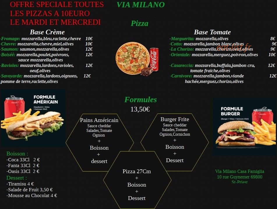 Carte et menu de Via milano casa famiglia à Saint Priest — La carte