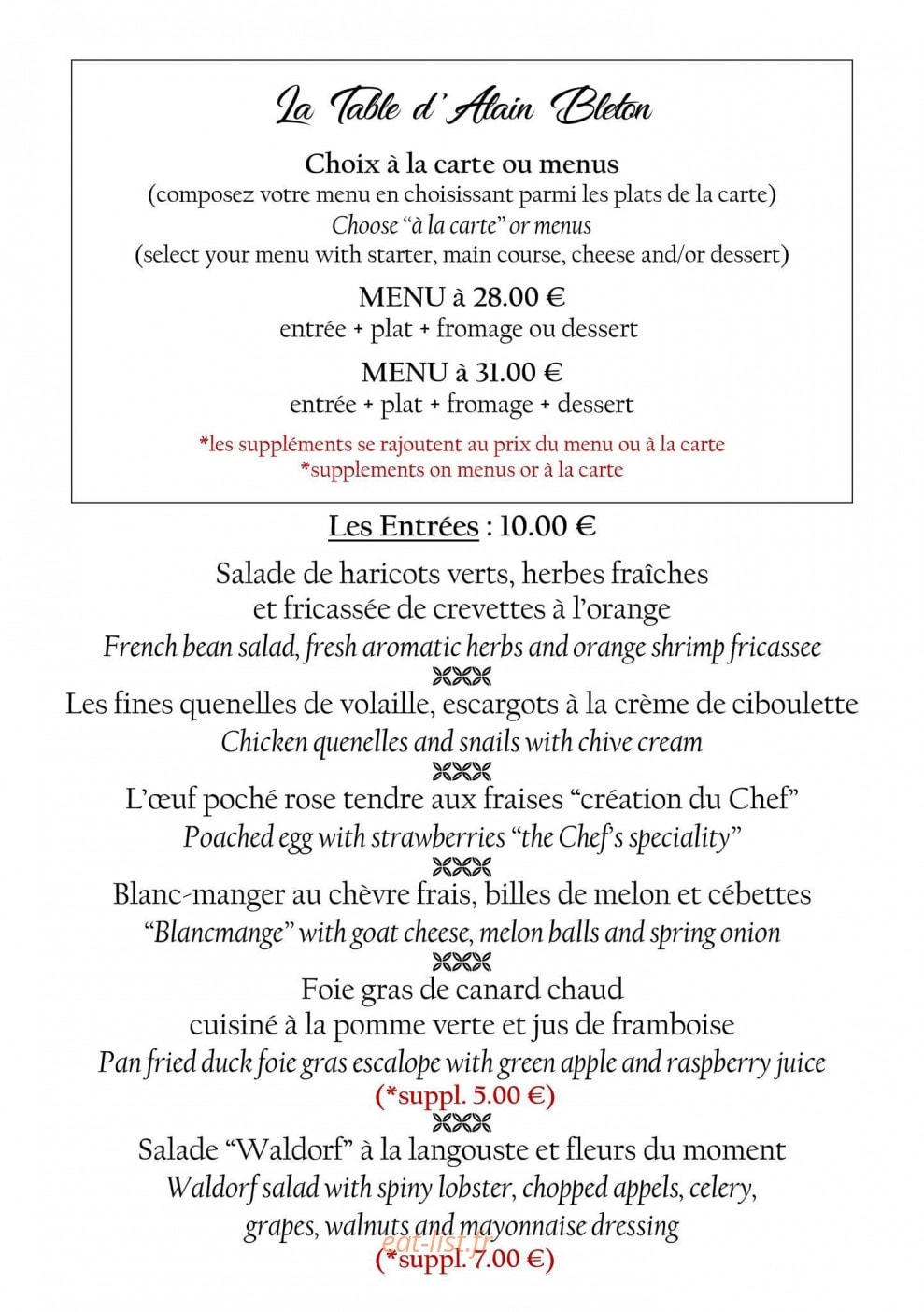 La Table d'Alain Bleton — carte page 2