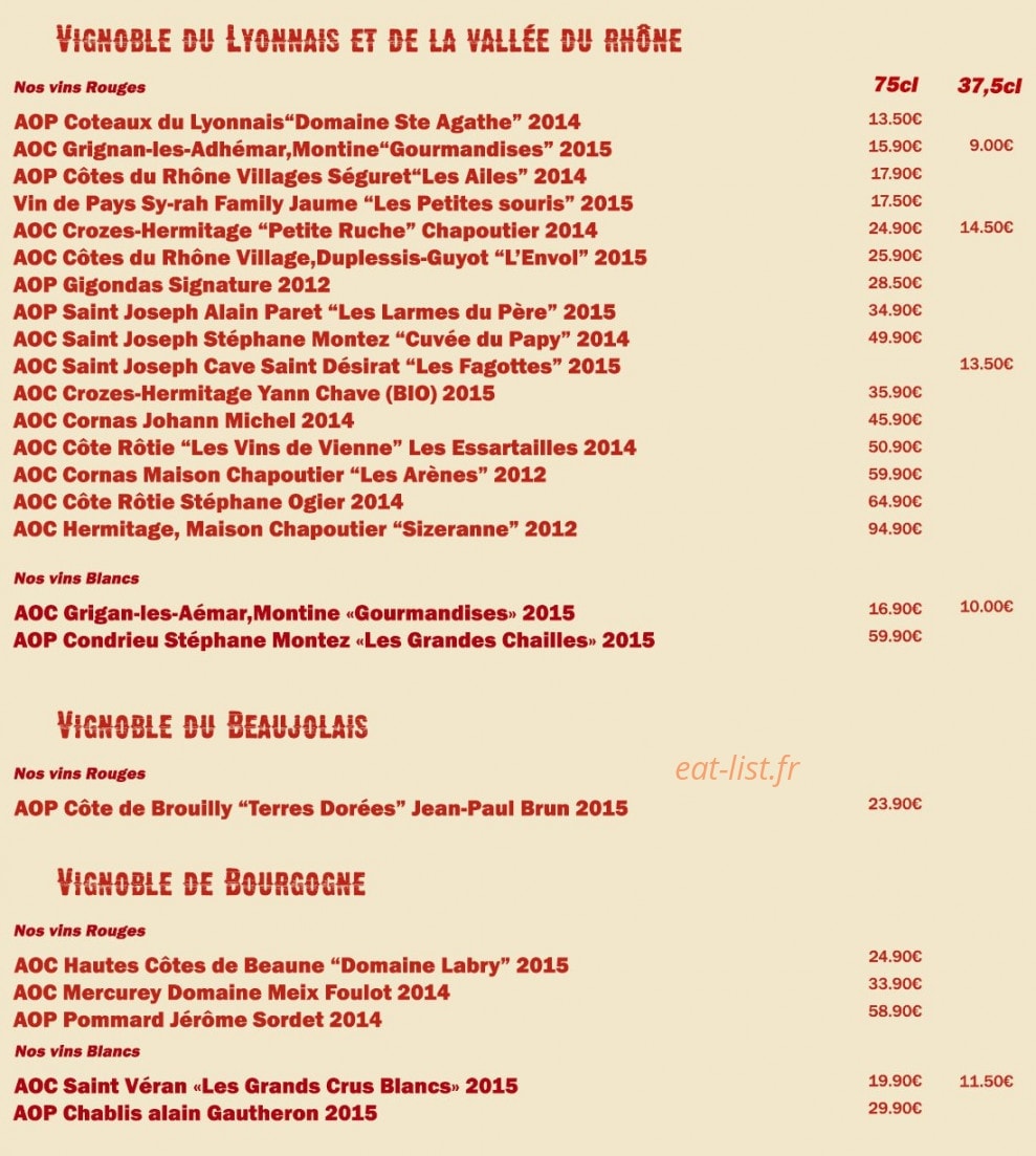 Carte et menu de Le P'tit Viand'Art à Saint Martin en Haut — Les vins